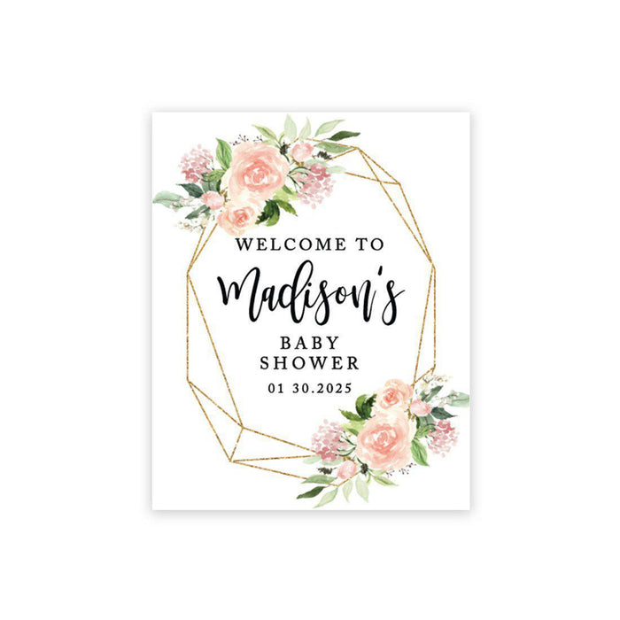 Custom Floral Baby Shower Canvas Welcome Signs-Set of 1-Andaz Press-Geometric Peachy Pink Floral Wreath-