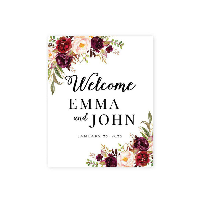 Custom Floral Canvas Wedding Guestbook Welcome Signs-Set of 1-Andaz Press-Burgundy Fall Floral Roses-