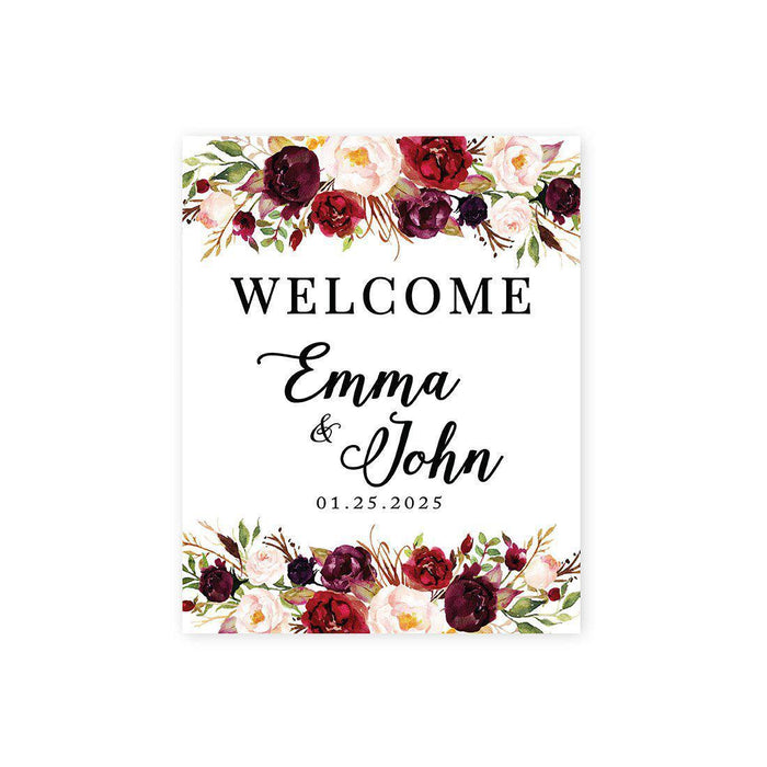 Custom Floral Canvas Wedding Guestbook Welcome Signs-Set of 1-Andaz Press-Burgundy and Peach Fall Floral Roses-