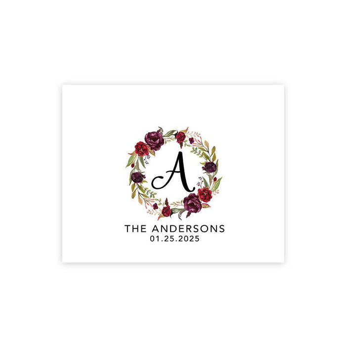 Custom Floral Canvas Wedding Guestbook Welcome Signs-Set of 1-Andaz Press-Burgundy and Red Floral Wreath Monogram-