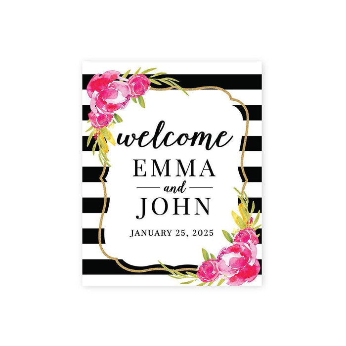 Custom Floral Canvas Wedding Guestbook Welcome Signs-Set of 1-Andaz Press-Pink Floral Black White Stripes-