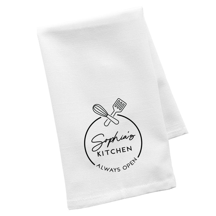 Custom Flour Sack Tea Towels, Kitchen Gifts for Mom, Daughter, Couples, Set of 1-Set of 1-Andaz Press-Custom Name Kitchen Always Open-
