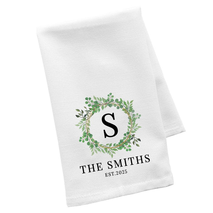 Custom Flour Sack Tea Towels, Kitchen Gifts for Mom, Daughter, Couples, Set of 1-Set of 1-Andaz Press-Greenery Monogram Wreath-