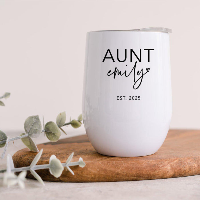 Custom Funny Aunt Wine Tumbler with Lid 12 Oz Stemless Stainless Steel Insulated-Set of 1-Andaz Press-Custom Aunt Est.-