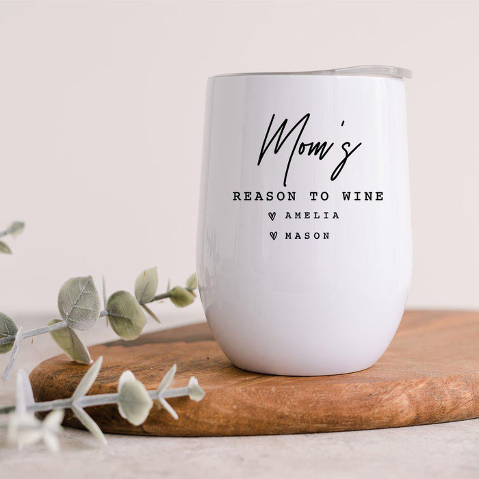 Custom Funny Mother's Day Wine Tumbler with Lid 12 Oz Stemless Stainless Steel Insulated-Set of 1-Andaz Press-Mom's Reason To Wine Custom Names-