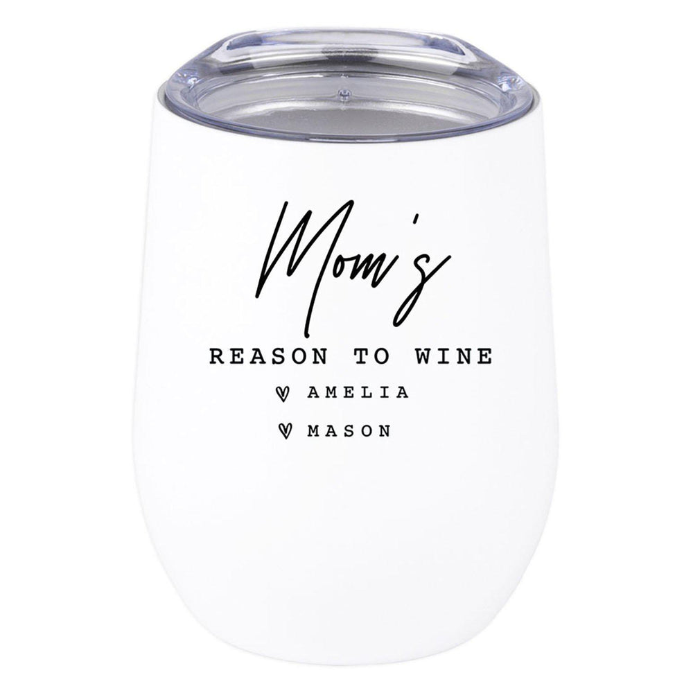 Custom Funny Mother's Day Wine Tumbler with Lid 12 Oz Stemless Stainless Steel Insulated-Set of 1-Andaz Press-Mom's Reason To Wine Custom Names-