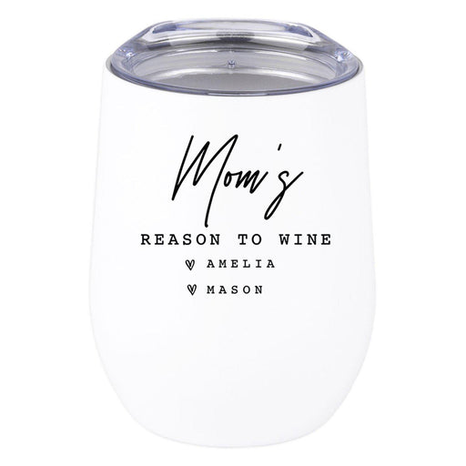 Custom Funny Mother's Day Wine Tumbler with Lid 12 Oz Stemless Stainless Steel Insulated-Set of 1-Andaz Press-Mom's Reason To Wine Custom Names-