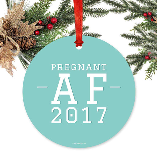 Custom Funny Pregnancy Round Metal Christmas Ornaments, Includes Ribbon and Gift Bag, Year-Set of 1-Andaz Press-Pregnant AF-