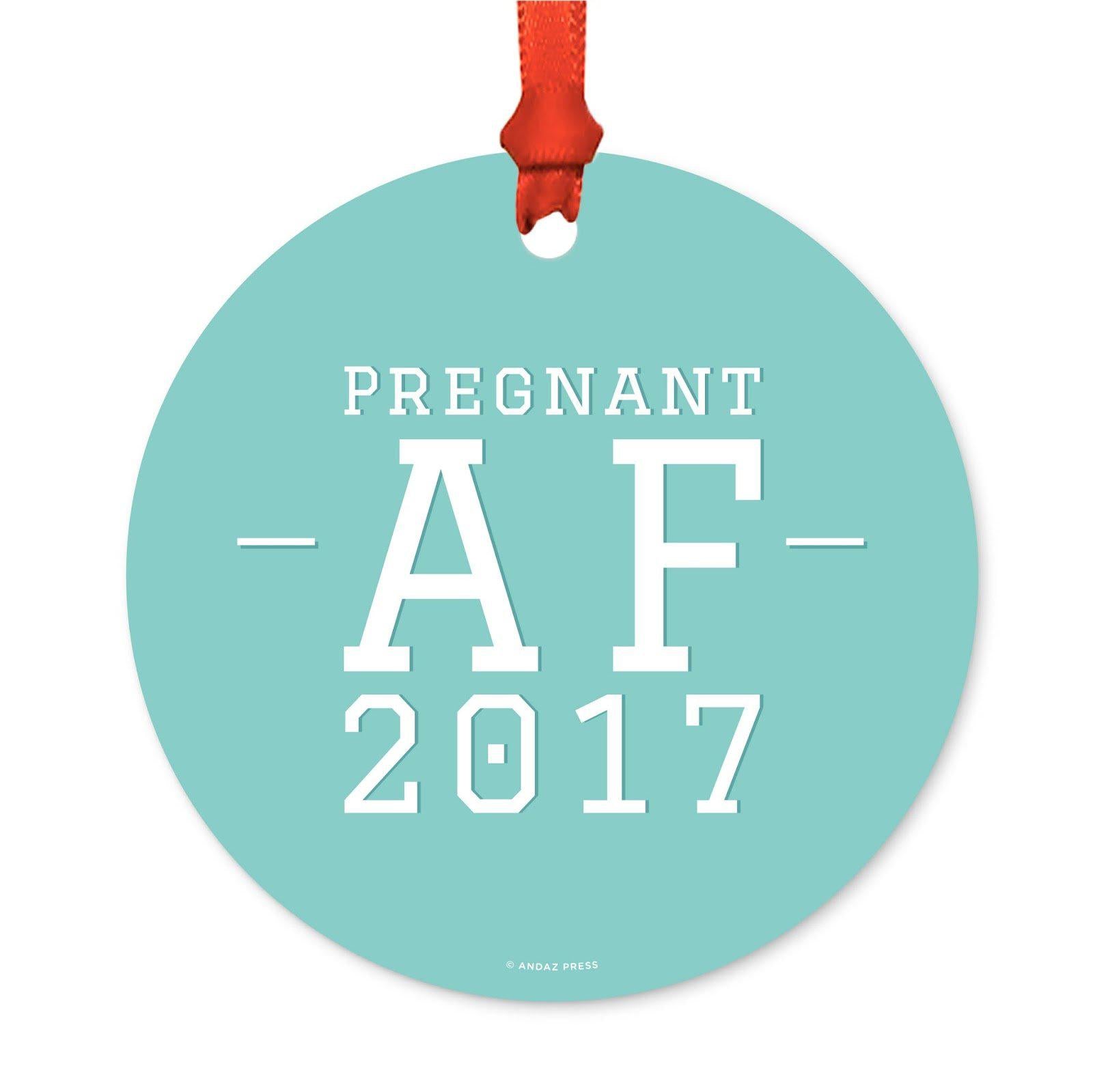 Custom Funny Pregnancy Round Metal Christmas Ornaments, Includes Ribbon and Gift Bag, Year-Set of 1-Andaz Press-Pregnant AF-