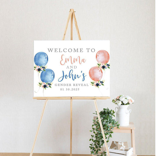 Custom Gender Reveal Canvas Baby Shower Welcome Signs-Set of 1-Andaz Press-Watercolor Gender Reveal Balloons-