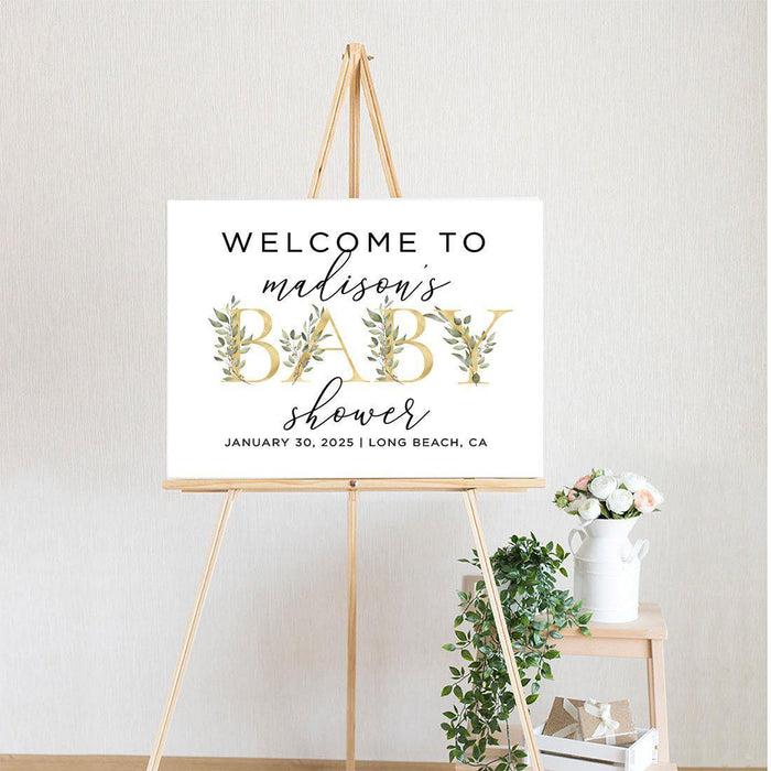 Custom Greenery Baby Shower Canvas Welcome Signs-Set of 1-Andaz Press-Gold Greenery Baby-