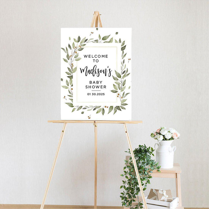 Custom Greenery Baby Shower Canvas Welcome Signs-Set of 1-Andaz Press-Gold Greenery Baby-