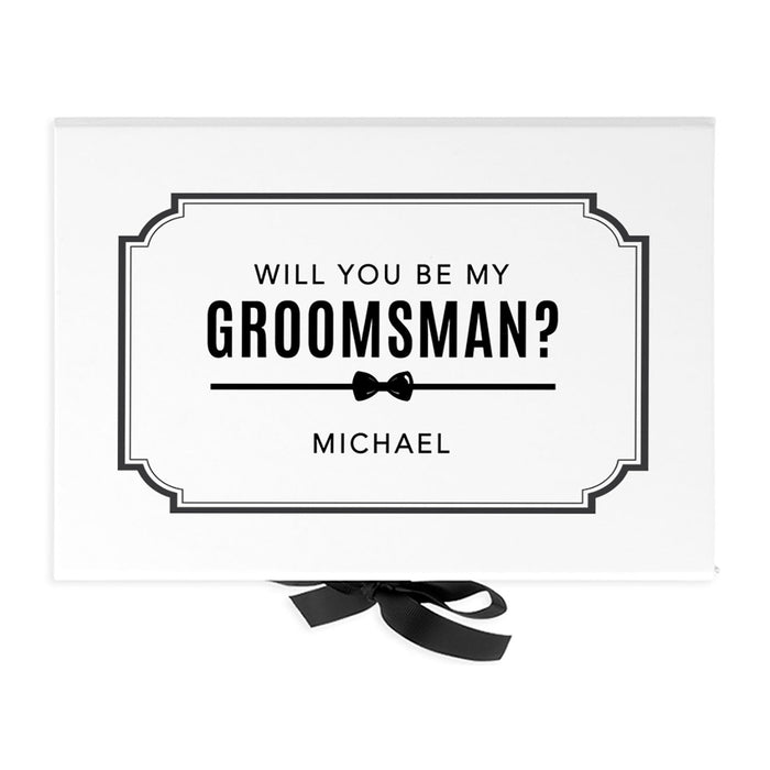 Custom Groom Gift Box - Gift Boxes with Lids, White Large Gift Box with Ribbon - 7 Designs Available-Set of 1-Andaz Press-Will You Be My Groomsman? Art Deco-
