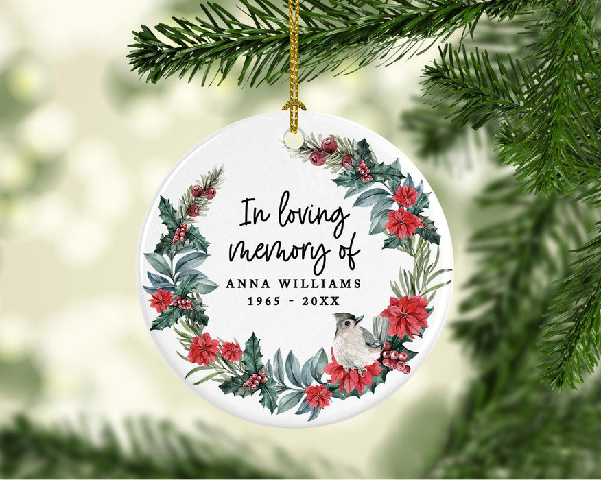 Custom In Loving Memory Ornament 20XX Round Porcelain Ornament for Loss Of Loved One Bereavement Sympathy-Set of 1-Andaz Press-Poinsettia Wreath-