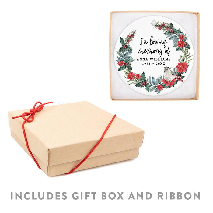 Custom In Loving Memory Ornament 20XX Round Porcelain Ornament for Loss Of Loved One Bereavement Sympathy-Set of 1-Andaz Press-Poinsettia Wreath-