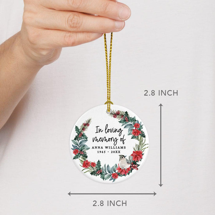 Custom In Loving Memory Ornament 20XX Round Porcelain Ornament for Loss Of Loved One Bereavement Sympathy-Set of 1-Andaz Press-Poinsettia Wreath-