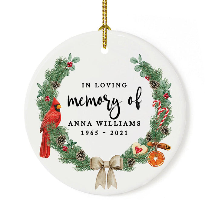 Custom In Loving Memory Ornament 20XX Round Porcelain Ornament for Loss Of Loved One Bereavement Sympathy-Set of 1-Andaz Press-Pine Wreath Cardinal Bird-