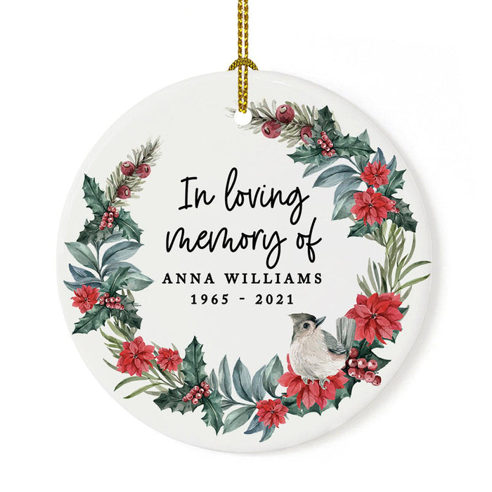 Custom In Loving Memory Ornament 20XX Round Porcelain Ornament for Loss Of Loved One Bereavement Sympathy-Set of 1-Andaz Press-Poinsettia Wreath-