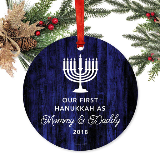Custom Jewish Family Metal Hanukkah Ornament, Our First Hanukkah, Includes Ribbon and Gift Bag, Design 1-Set of 1-Andaz Press-Mommy Daddy-