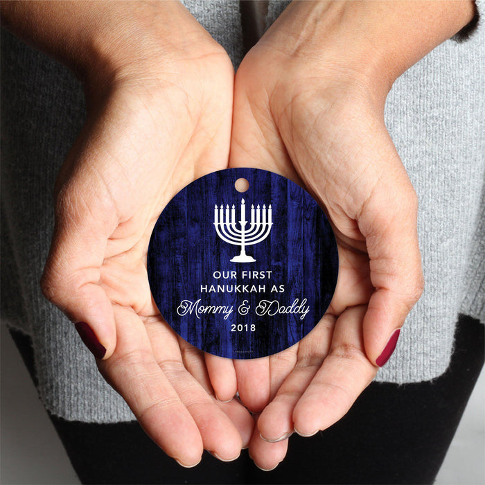 Custom Jewish Family Metal Hanukkah Ornament, Our First Hanukkah, Includes Ribbon and Gift Bag, Design 1-Set of 1-Andaz Press-Mommy Daddy-