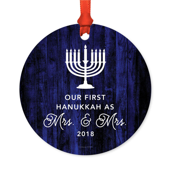 Custom Jewish Family Metal Hanukkah Ornament, Our First Hanukkah, Includes Ribbon and Gift Bag, Design 1-Set of 1-Andaz Press-Mrs. & Mrs-