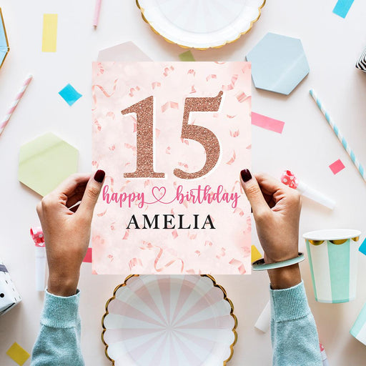 Custom Jumbo Happy 15 Birthday Card with Envelope-Set of 1-Andaz Press-Rose Gold-