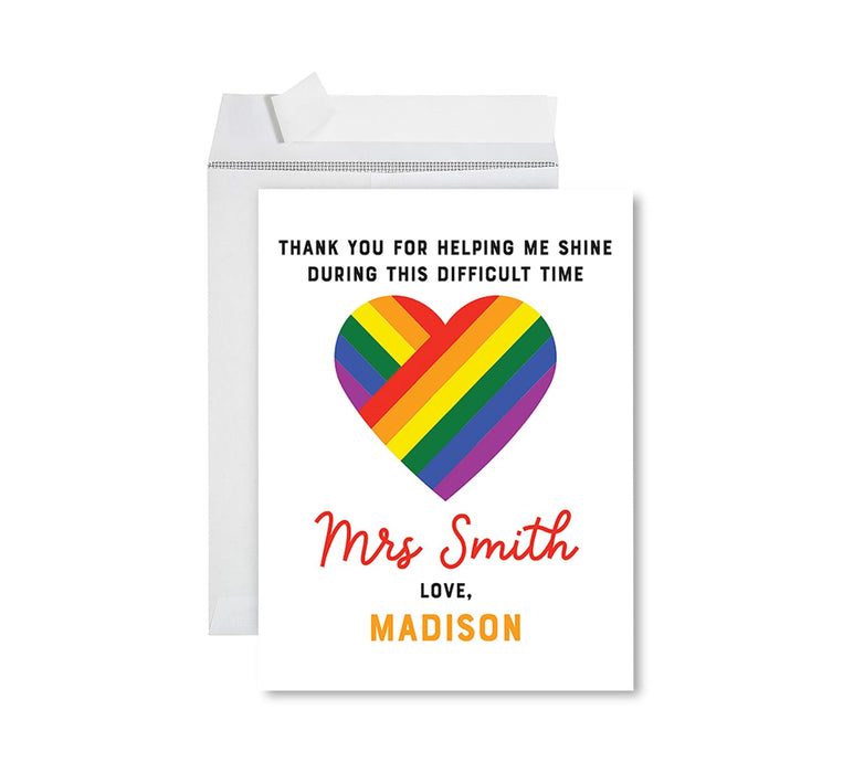 Custom Jumbo Teacher Appreciation Cards - Best Staff Thank You Card with Envelope, 9 Designs-Set of 1-Andaz Press-Rainbow Heart Custom Names-
