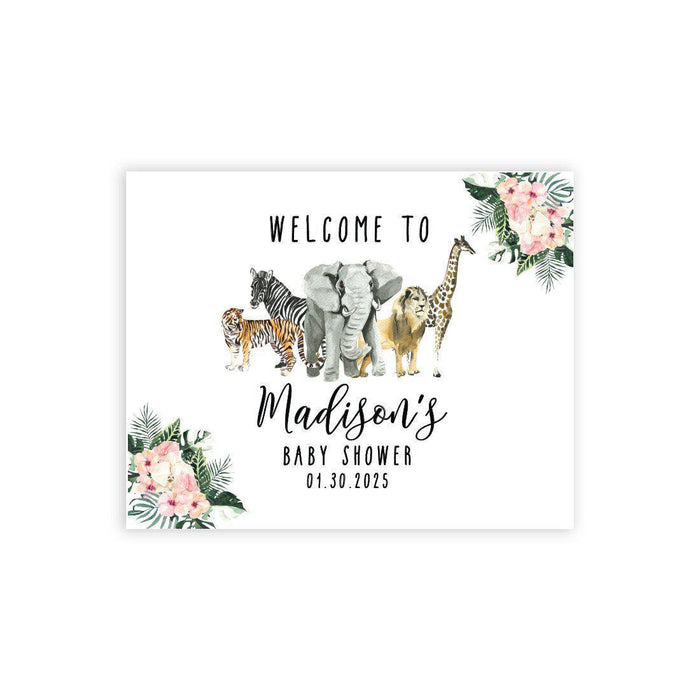 Custom Jungle Safari Baby Shower Canvas Welcome Signs-Set of 1-Andaz Press-Pink Hibiscus Tropical Jungle-