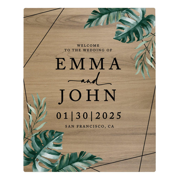 Custom Large Rustic English Oak Wooden Welcome Sign for Wedding, Rustic Welcome Sign 16" x 20"-Set of 1-Andaz Press-Tropical Monstera Palm Leaves-