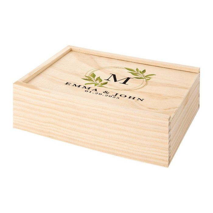 Custom Laser Engraved Wedding Wooden Photo Box-Set of 1-Koyal Wholesale-Monogram Willow Leaves Wreath-