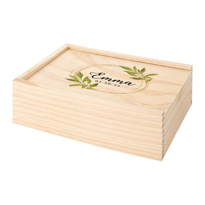 Custom Laser Engraved Wedding Wooden Photo Box-Set of 1-Koyal Wholesale-Round Gold Willow Leaves Wreath-