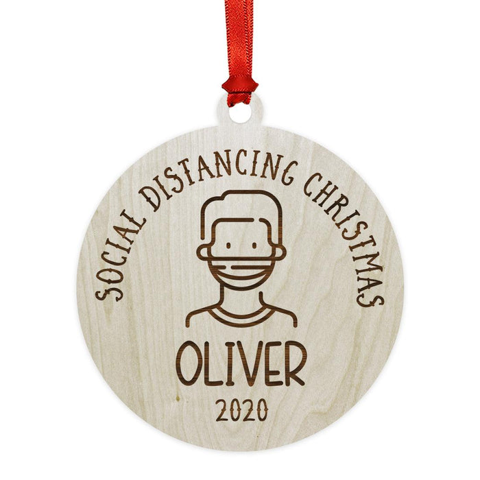 Custom Laser Engraved Wood Quarantine Pandemic Christmas Ornament-Set of 1-Andaz Press-Custom Male Mask 1-