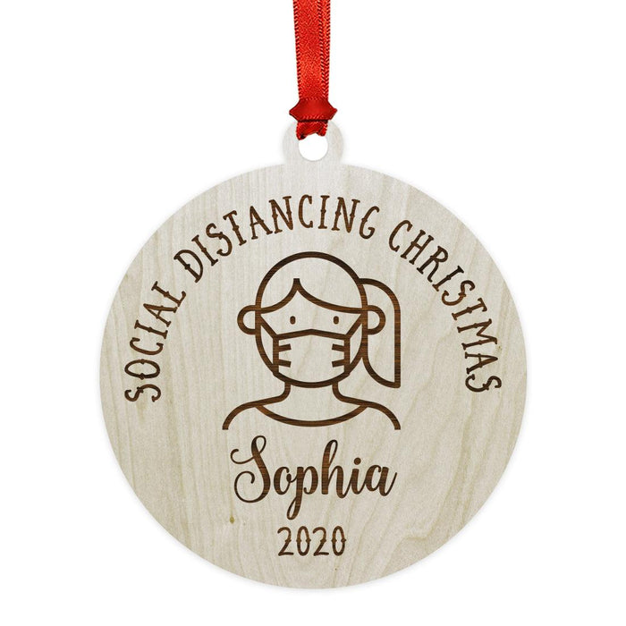 Custom Laser Engraved Wood Quarantine Pandemic Christmas Ornament-Set of 1-Andaz Press-Female Mask-