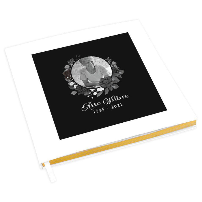 Custom Memorial Guestbook with Gold Accents, Custom Photo White Guest Sign In Registry, Scrapbook, Photo Album-Set of 1-Andaz Press-Black and White Floral-