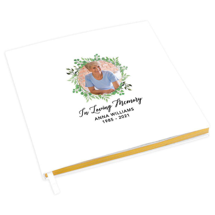 Custom Memorial Guestbook with Gold Accents, Custom Photo White Guest Sign In Registry, Scrapbook, Photo Album-Set of 1-Andaz Press-Greenery Wreath-