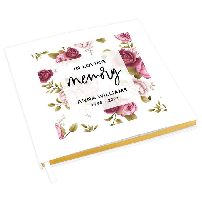 Custom Memorial Guestbook with Gold Accents, White Guest Sign in Registry, Scrapbook, Photo Album-Set of 1-Andaz Press-Burgundy and Pink Florals-