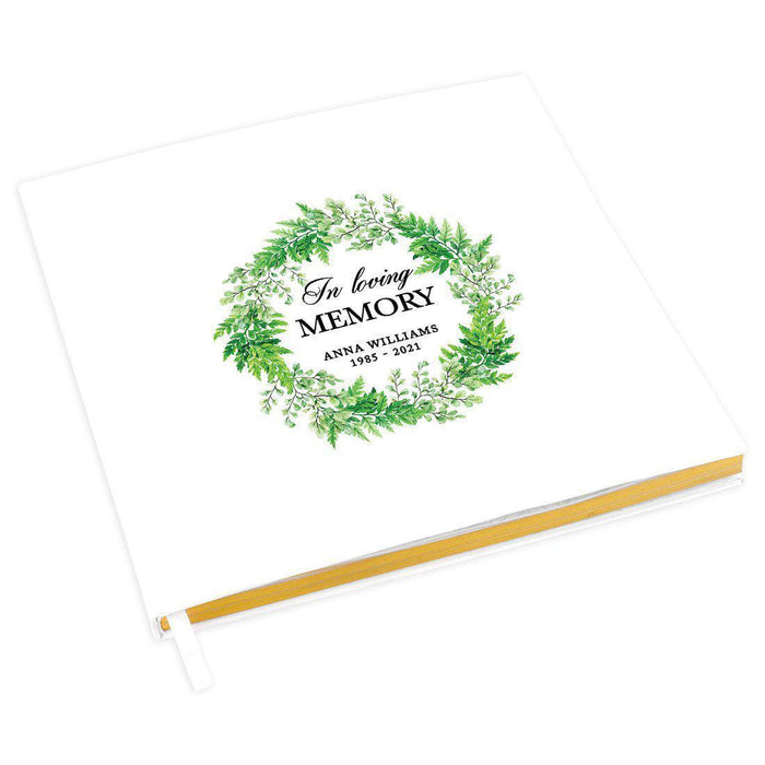 Custom Memorial Guestbook with Gold Accents, White Guest Sign in Registry, Scrapbook, Photo Album-Set of 1-Andaz Press-Foliage Green Wreath-
