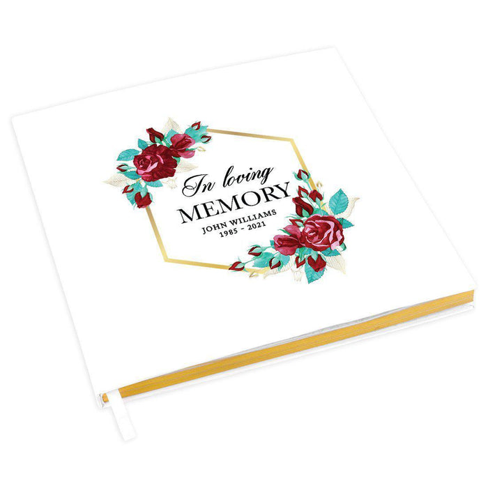 Custom Memorial Guestbook with Gold Accents, White Guest Sign in Registry, Scrapbook, Photo Album-Set of 1-Andaz Press-Geometric Frame Roses-