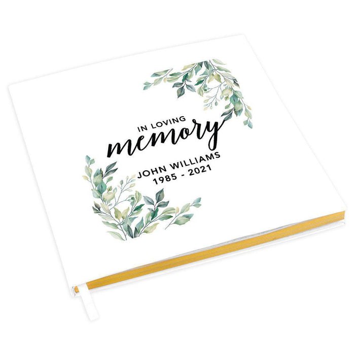 Custom Memorial Guestbook with Gold Accents, White Guest Sign in Registry, Scrapbook, Photo Album-Set of 1-Andaz Press-Greenery Leaves-