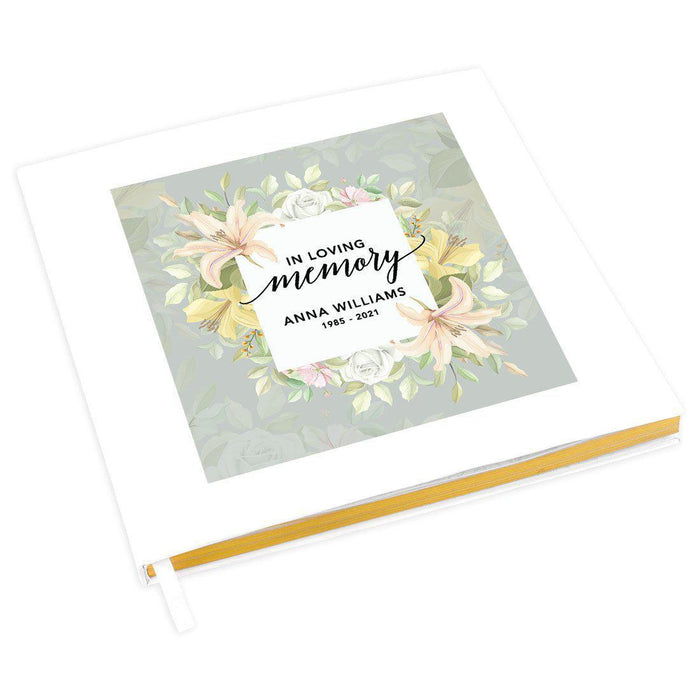 Custom Memorial Guestbook with Gold Accents, White Guest Sign in Registry, Scrapbook, Photo Album-Set of 1-Andaz Press-Vintage Lilies-
