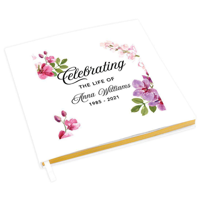 Custom Memorial Guestbook with Gold Accents, White Guest Sign in Registry, Scrapbook, Photo Album-Set of 1-Andaz Press-Watercolor Orchids-