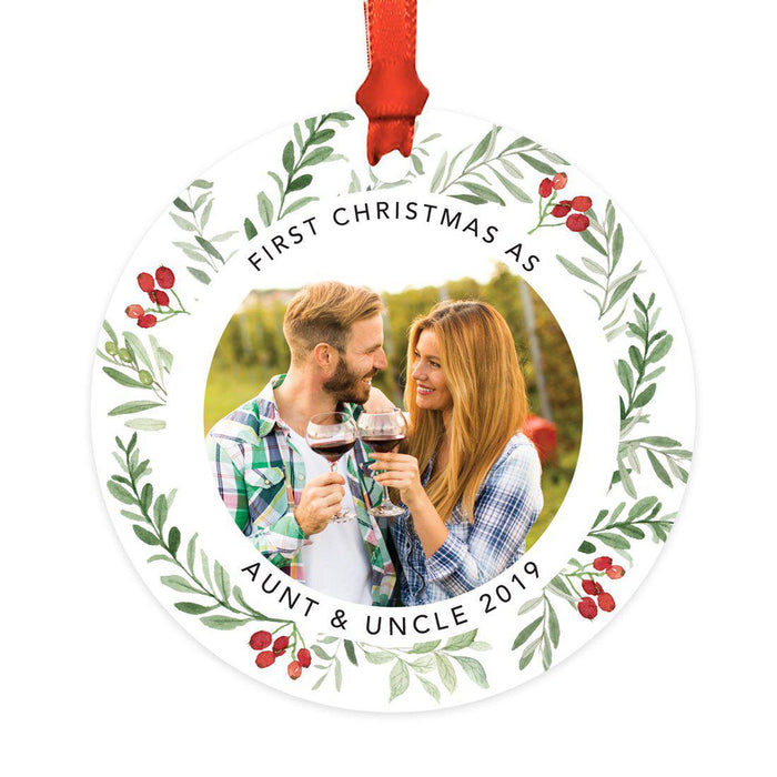 Custom Metal Christmas Ornament with Red and Green Berries, Leaves, and Our First Christmas-Set of 1-Andaz Press-Aunt and Uncle-