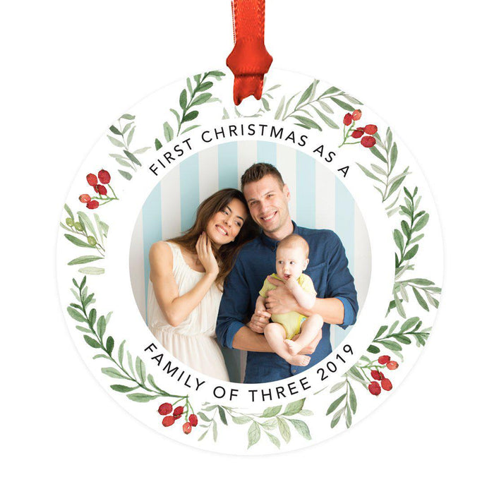 Custom Metal Christmas Ornament with Red and Green Berries, Leaves, and Our First Christmas-Set of 1-Andaz Press-Family of Three-