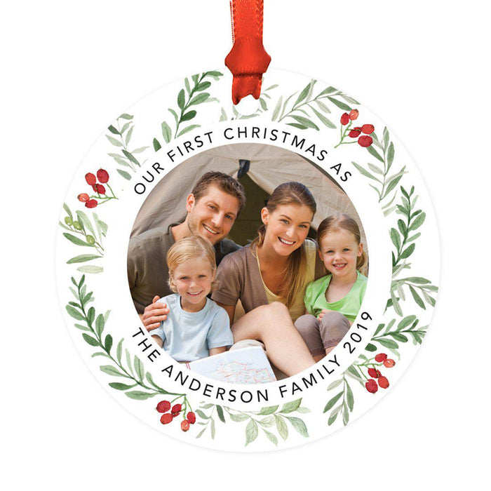 Custom Metal Christmas Ornament with Red and Green Berries, Leaves, and Our First Christmas-Set of 1-Andaz Press-Family-