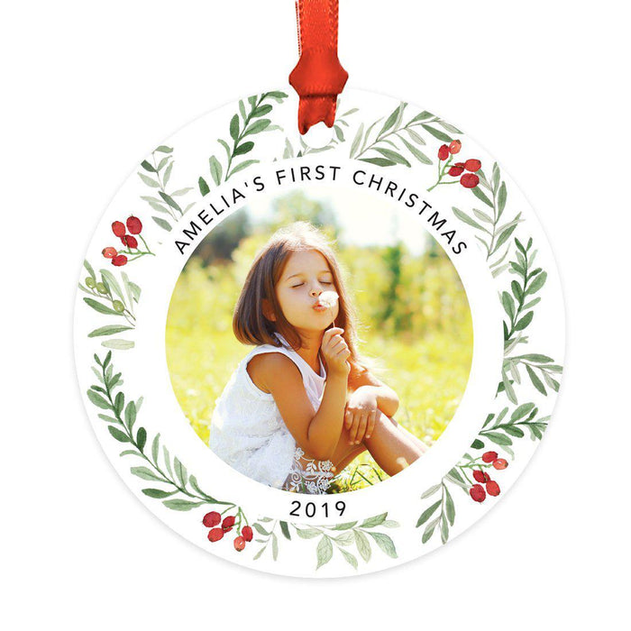 Custom Metal Christmas Ornament with Red and Green Berries, Leaves, and Our First Christmas-Set of 1-Andaz Press-First Christmas-