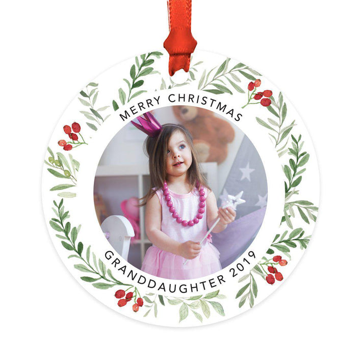 Custom Metal Christmas Ornament with Red and Green Berries, Leaves, and Our First Christmas-Set of 1-Andaz Press-Granddaughter-