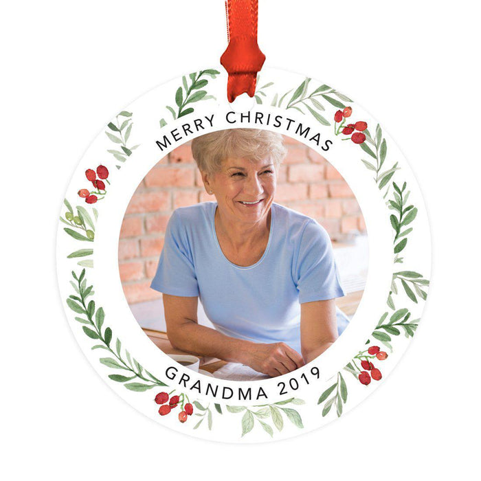 Custom Metal Christmas Ornament with Red and Green Berries, Leaves, and Our First Christmas-Set of 1-Andaz Press-Grandma-