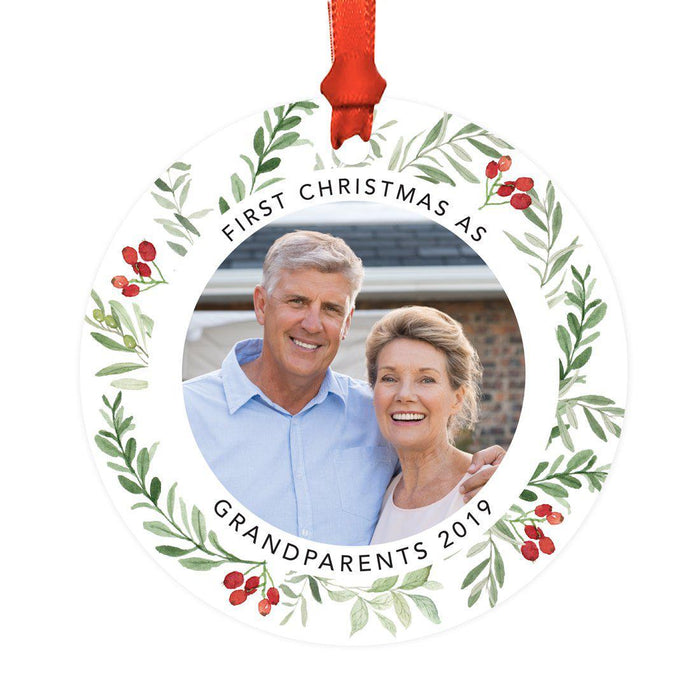 Custom Metal Christmas Ornament with Red and Green Berries, Leaves, and Our First Christmas-Set of 1-Andaz Press-Grandparents-