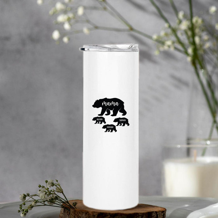 Custom Mother's Day Skinny Tumbler with Lid and Straw - Stainless Steel Insulated Tumbler-Set of 1-Andaz Press-Mama Bear with Kid's Names-