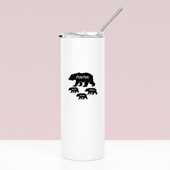 Custom Mother's Day Skinny Tumbler with Lid and Straw - Stainless Steel Insulated Tumbler-Set of 1-Andaz Press-Mama Bear with Kid's Names-